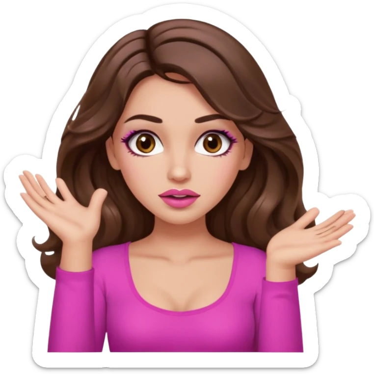 girl with long wavy brown hair, brown eyes, long lashes makeup, sexy pink lips, light to medium complexion, pink sexy top, two hands up, shrugging, confused sticker