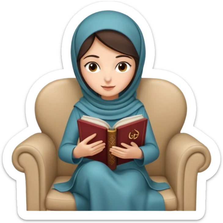 Beautiful brunette Turkish Muslim with fair skin sitting on a beige chair reading Quran  sticker