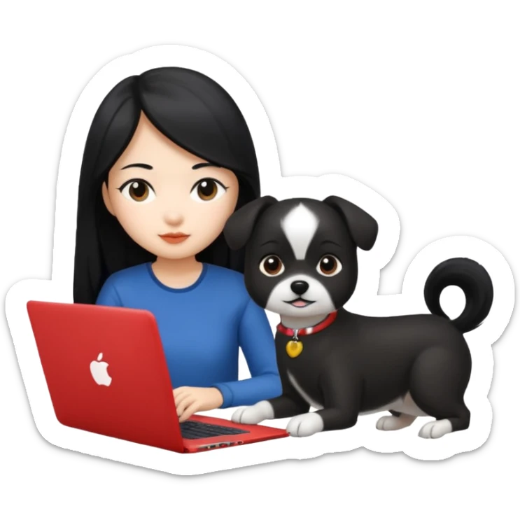 Asian girl with long black hair working on an Apple laptop, next to her is a small black and white dog sticker