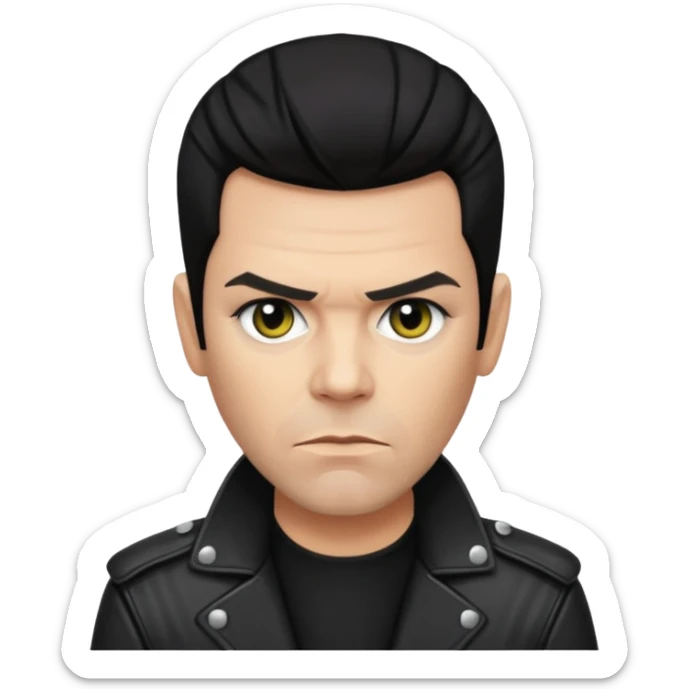 Richard Kruspe, apple style emoji, rockstar attitude, dark hair, hint of eyeliner, black jacket sticker