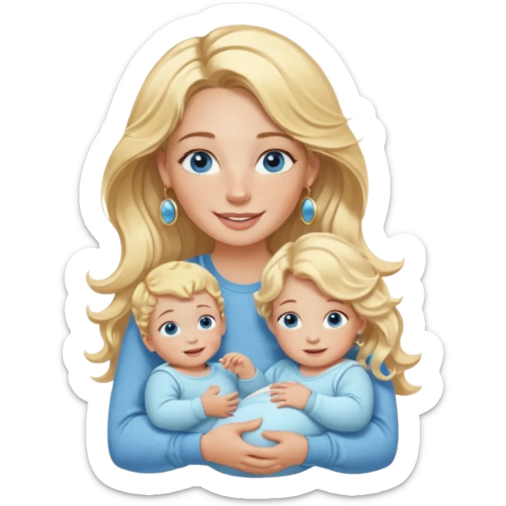 Wavy blonde, white woman with blue eyes, freckles hoop earrings, holding babies smiling and really cute in gold hoops she needs to be holding three newborns, and she needs to be more cute than pretty sticker