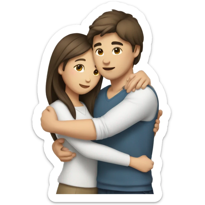 A asian girl with brown hair and white hugging a guy with brown hair sticker