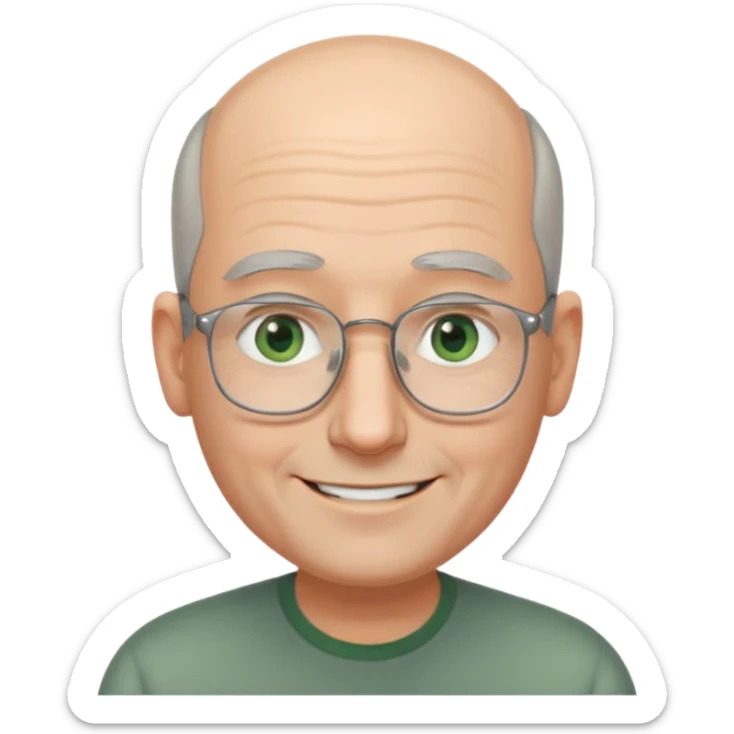 Balding man with receding hair, grey hair only on the sides, green eyes, rectangular reading glasses, rounded clear face, with a smile sticker