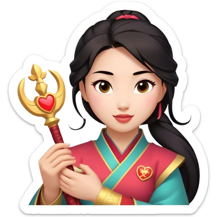 Cinematic Adorable Mulan Portrait Emoji, Playfully holding Cri-Kee in her hands, eyes sparkling with mischief, soft rosy cheeks, a warrior with a heart full of charm, radiant in the morning sunlight, glowing with warmth and joy! sticker