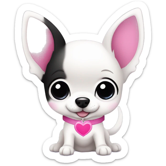Cute kawaii white Chihuahua, with purple inside ears, black beady eyes, a black heart shaped nose, blue collar,  holding a pink heart, vector art style, simple design, black outline sticker
