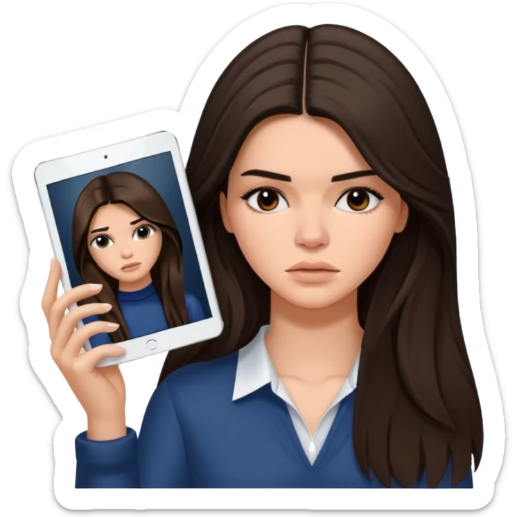 bored and sad brunette  Kendall Jenner with long hair holding iPad emoji sticker
