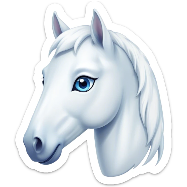 Cinematic Cute White Horse Portrait Emoji, Head tilted playfully and inquisitively, showcasing a glossy white fur with a luminous sheen and gentle, expressive blue eyes, Simplified yet irresistibly adorable features, highly detailed, glowing with a warm, friendly glow, high shine, affectionate and spirited, stylized with a touch of whimsy, bright and endearing, soft glowing outline, capturing the essence of a mischievous yet loving horse, so playful it feels like it could prance out of the screen and into your arms! sticker