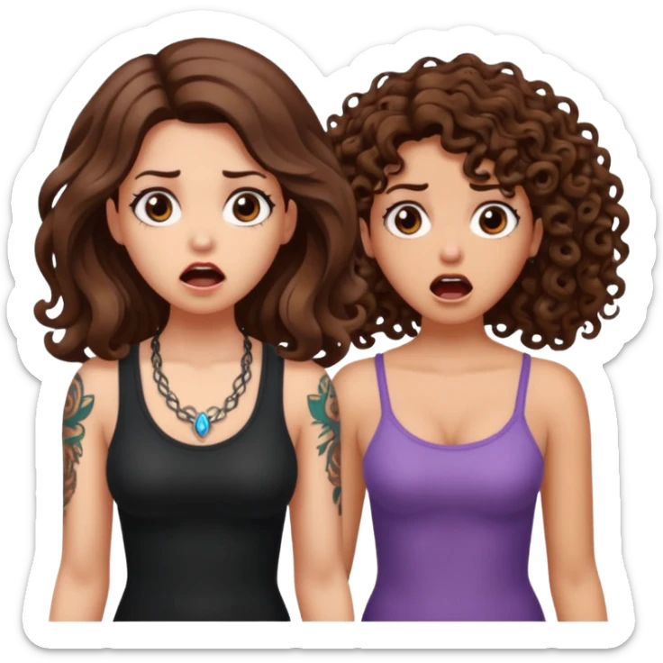 mutated crystal — long wavy brown hair tattooed woman and short tight curly brown hair woman — shocked reaction sticker