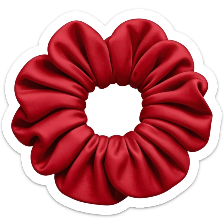 emoji of an isolated red velvet scrunchie, plush velvety texture with soft fiber shadows, rich deep red color, gathered fabric folds, matte and cozy finish, no person, no hair, not worn, simple rounded shape, soft warm shading sticker