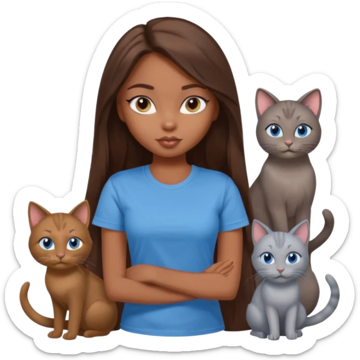 a pretty bratz dusky girl with long brown hair, blue eyes with six cats nd wearing a grey tshirt sticker