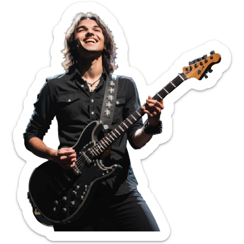 Rockstar musician with a confident smile looking up, electric guitar, stage lights, performing sticker