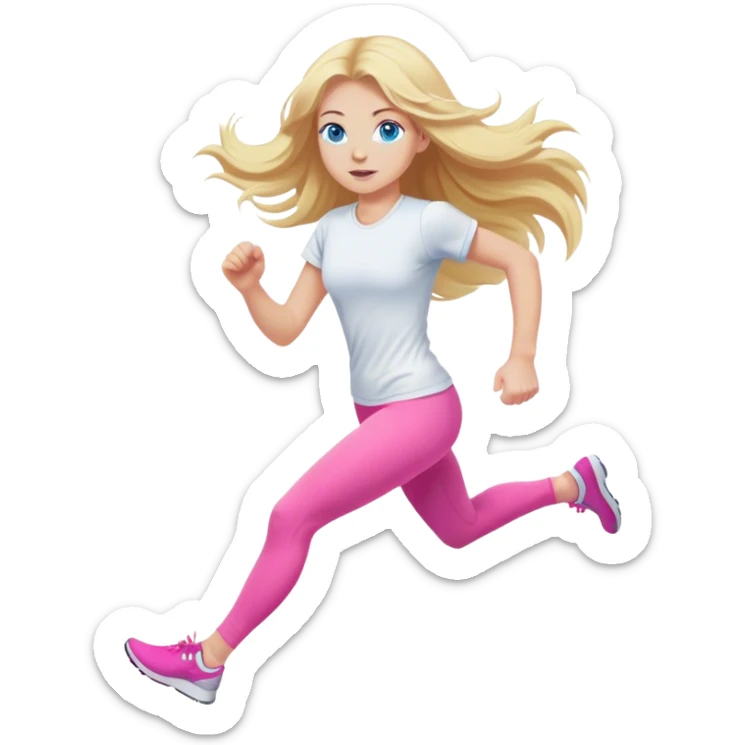 Cinematic realistic blonde with long hair and blue eyes, dressed in pink leggings and a white T-shirt, runs sticker