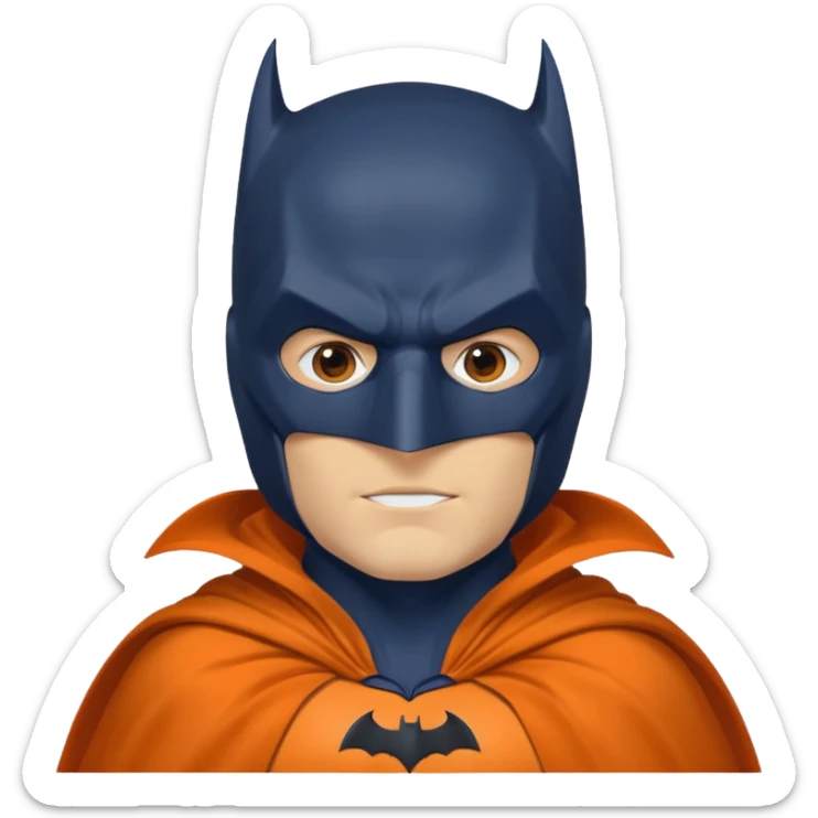 generate a batman emoji with just the face and neck showing and part of the cloak and and wings. Shade the mask in dark navy blue. Shade the wings in a medium olive green. Shade the cloak in a solidt vibran orange sticker
