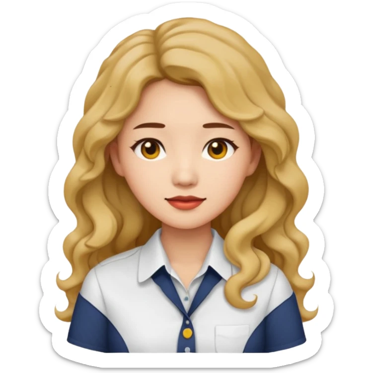 Asian woman, white button-up shirt, long permed wavy hair, emoji style, simple flat colors, transparent background. sticker
