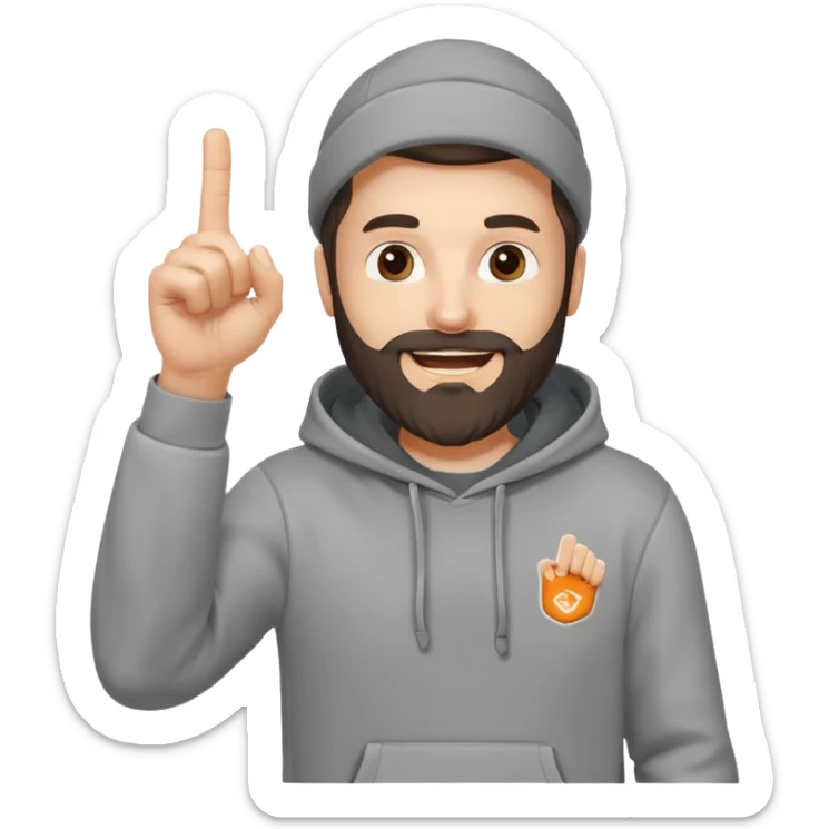 A bearded man in a hoodie, raising his foam finger with playful energy. sticker