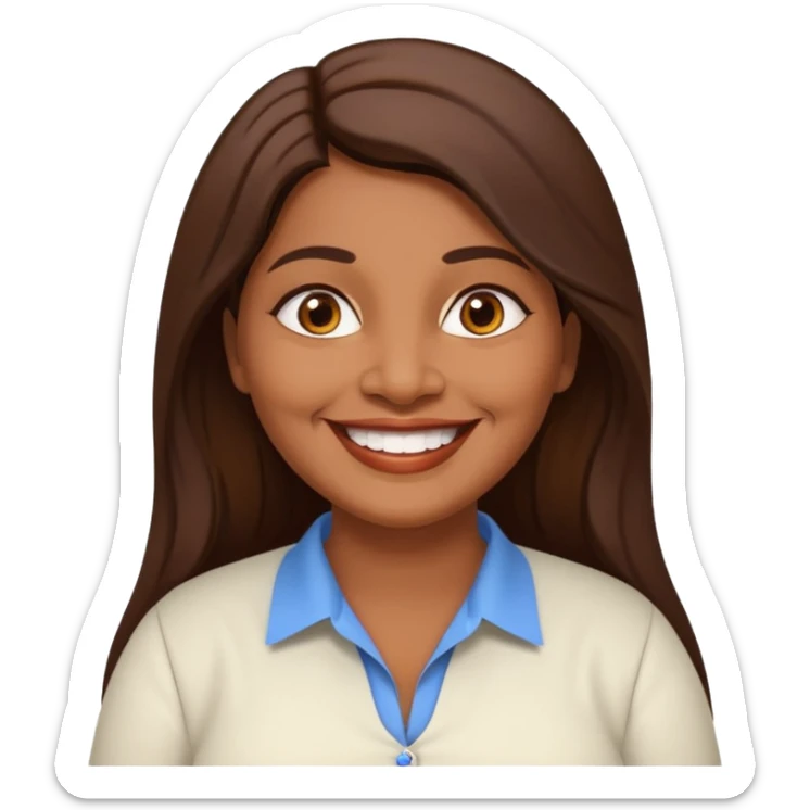 50 yr old chubby Sri Lankan woman, dark skin, straight brown hair, big smile, white teeth, european clothes, longer hair sticker