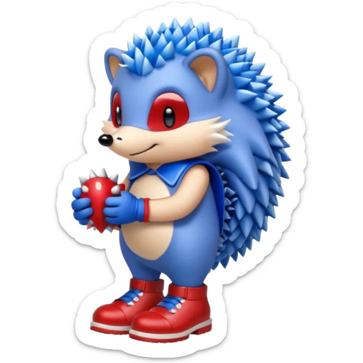 a blue hedgehog that has arms and legs with a tan chest fur, and some gloves and red and white shoes sticker