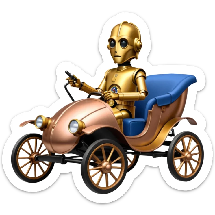 C-3PO policeman in 1865 rosegold painted buggy powered by electric motors and batteries  sticker