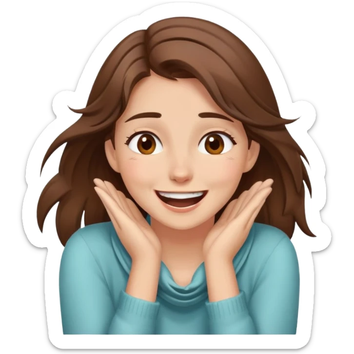 A pretty girl with brown hair and brown eyes putting her hands around her neck and laughing in distress  sticker