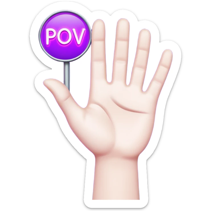 A 3D stylized cartoon hand holding a glowing neon purple sign that says "POV", high contrast, vibrant lighting, clean edges, white background. sticker
