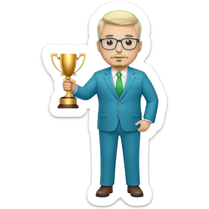Full Body white fat male  wearing glasses with a goatee with light blonde gray very short hair basketball head Coach in blue and green suit holding trophy sticker