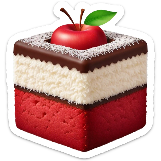 Lamington Cinematic Realistic Lamington Dessert Emoji, depicted as a sponge cake square coated in chocolate and dusted with coconut on all sides, rendered with lifelike textures and vibrant, tropical lighting. sticker