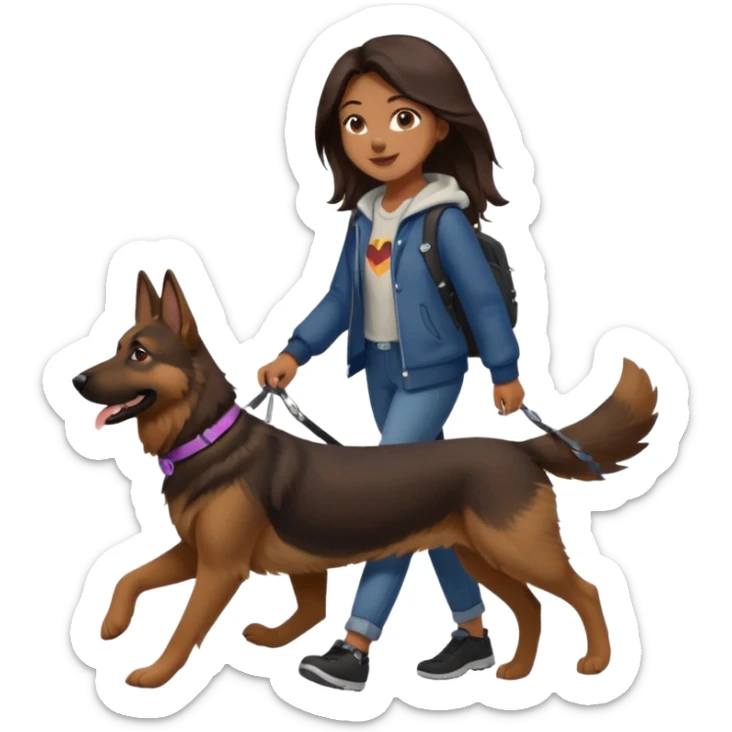 a girl with a brown dark long long hair, she's walking her dog is a german shepard. And girl's outfit is very aesthetic sticker