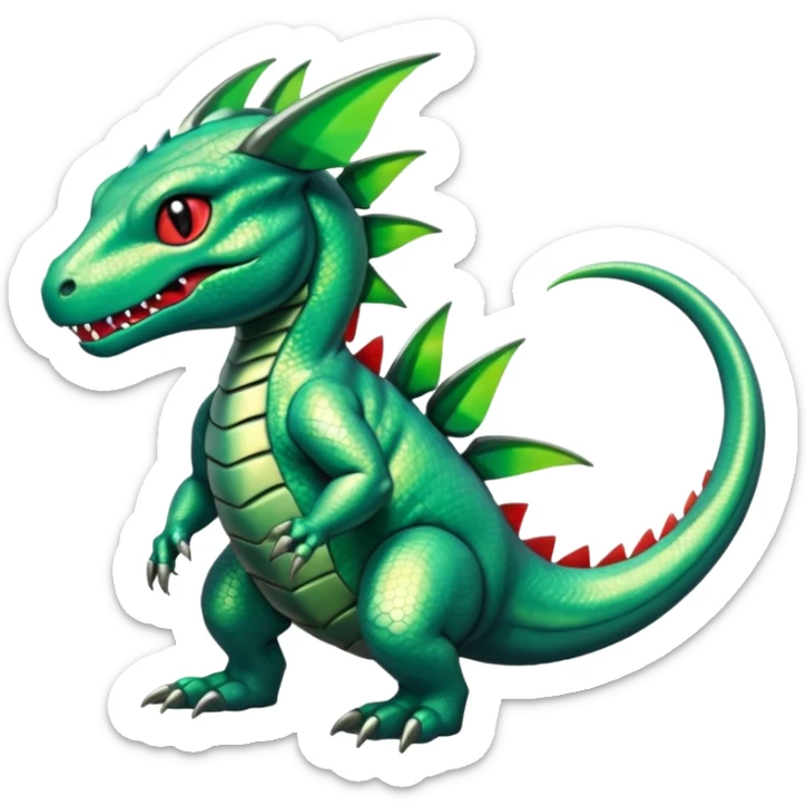 Cute Shiny green iridescent Guilmon-Salandit-Fakémon-hybrid-creature (full body)  sticker
