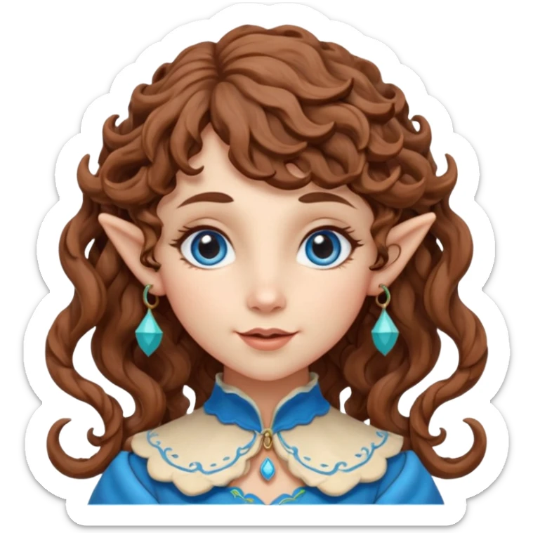 Kind Girl toymaker wood carving elf. Blue eyes. brown (just below chin length) wavy curly hair & bangs. Whimsical playful  sticker