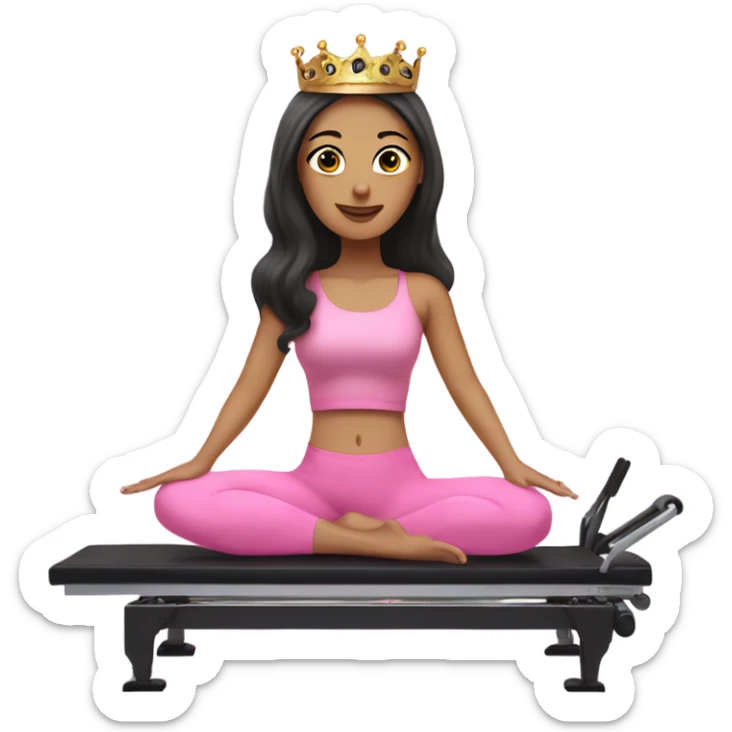 Pilates princess, white girl with dark hair doing Pilates reformer wearing a crown on her head and a pink outfit sticker