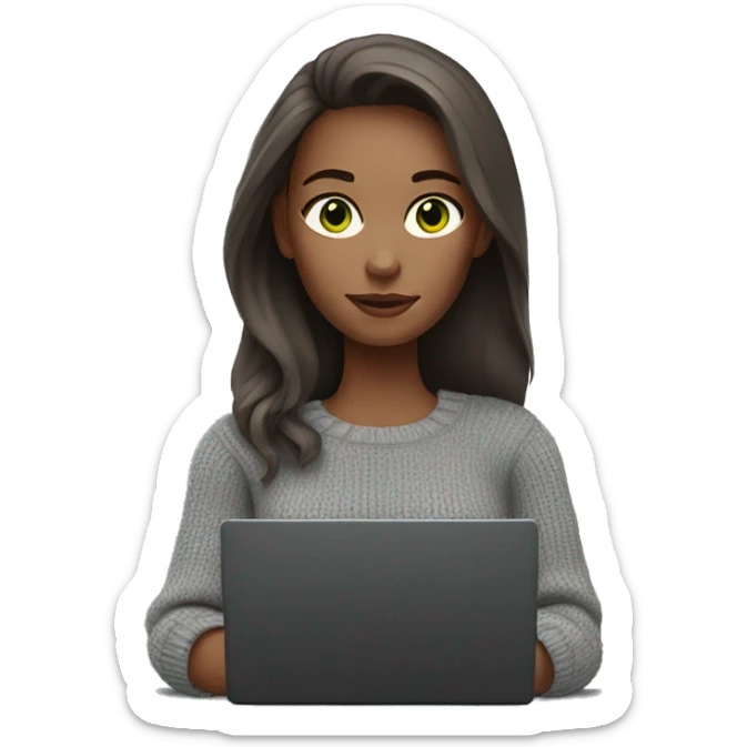 white skin woman, long brown hair, green eyes, in a grey sweater , holding black laptop sticker