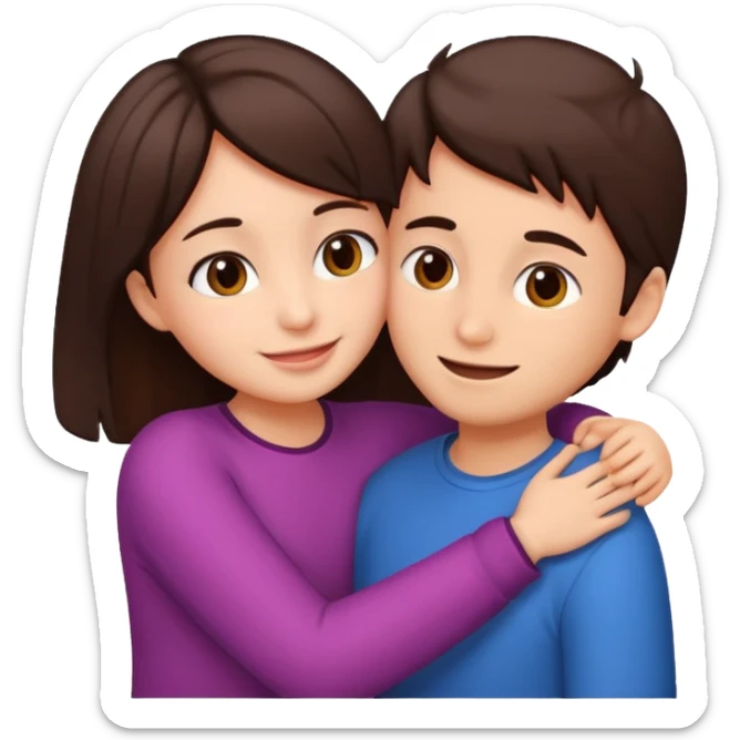 Girl and boy couple Both peach skin and darkish brown hair hugging emoji looking at eachother sticker