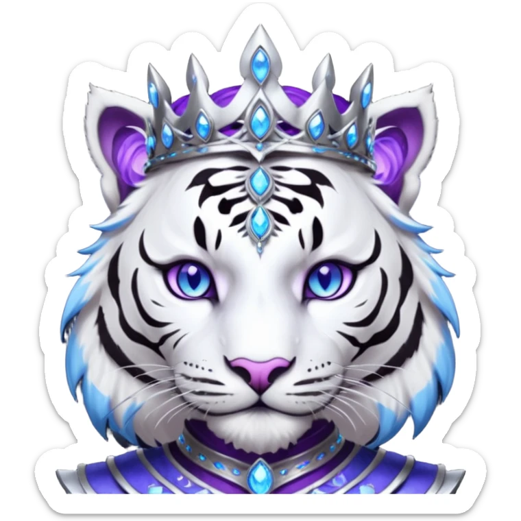 ESO Female white/black tiger khajiit leader of the umbral rose, glowing blue eyes, glowing blue 'third eye' gem; purple gemmed silver crown/tiara sticker
