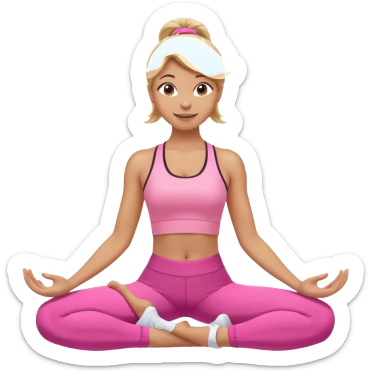 Mujer color de piel moreno claro con cabello rubio, usando un top rosa deportivo y leggins deportivo rosa en una pose de yoga, viendo hacia enfrente con ojos negros y sonriendo sin mostrar los dientes sticker