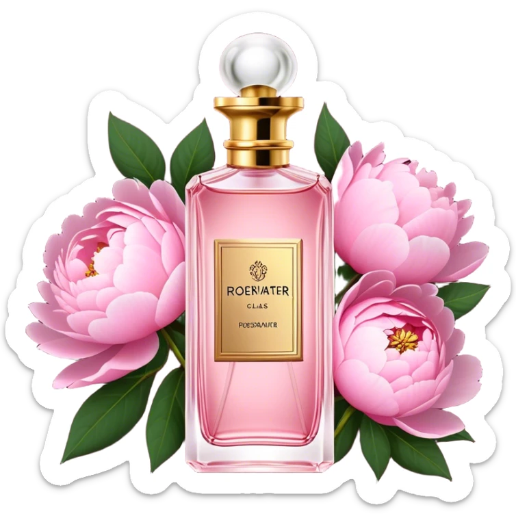 A delicate glass bottle of rosewater perfume with gold details beside lush pink peonies. Soft light enhances the romance, while a dark red velvet backdrop adds vintage glamour."
 sticker