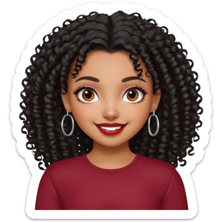 a pretty bratz dusky girl with curly black hair, kajal under eyes, small silver hoop. dark red full sleeve sticker