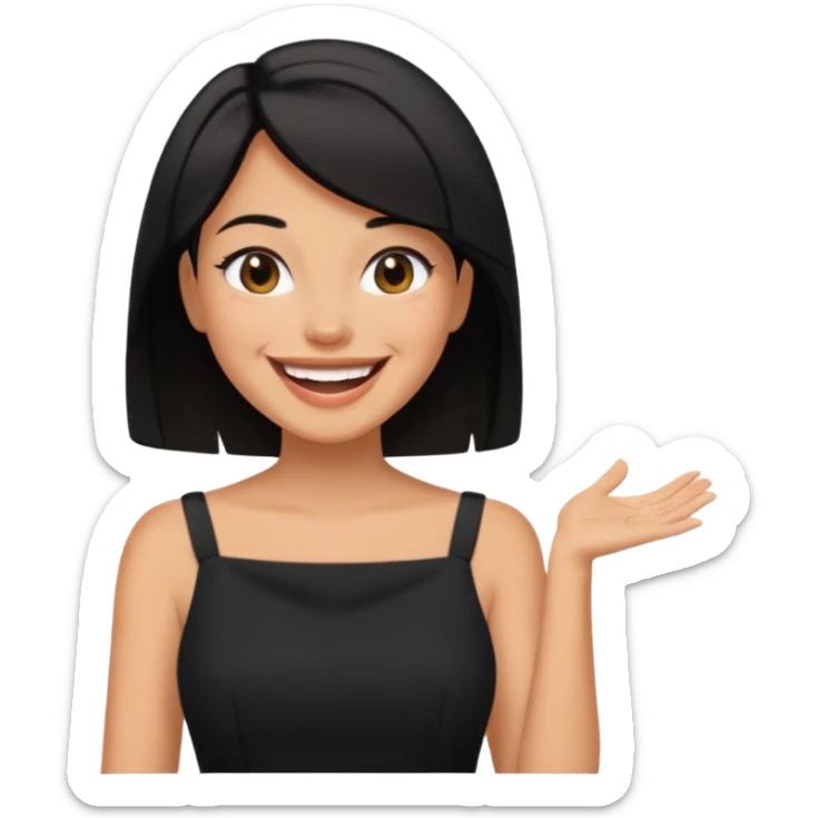 black short shoulder length hair tanned woman, black dress doing girly things sticker