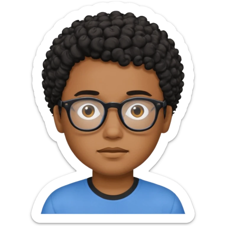 Menino moreno com cabelo curto cacheado preto, de óculos preto e blusa azul sticker