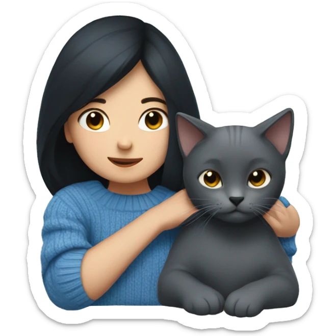 A girl with black hair wearing a blue sweater hugs a gray cat sticker