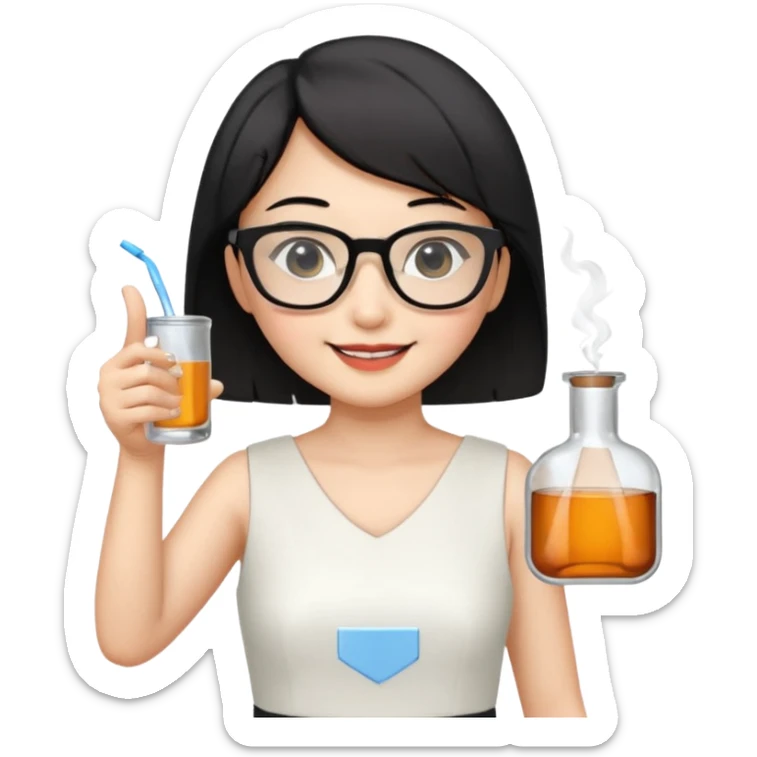 asian teacher with a white dress holding a flask with retangle glasses and black short hand make her smile and point to the right with her other hand sticker