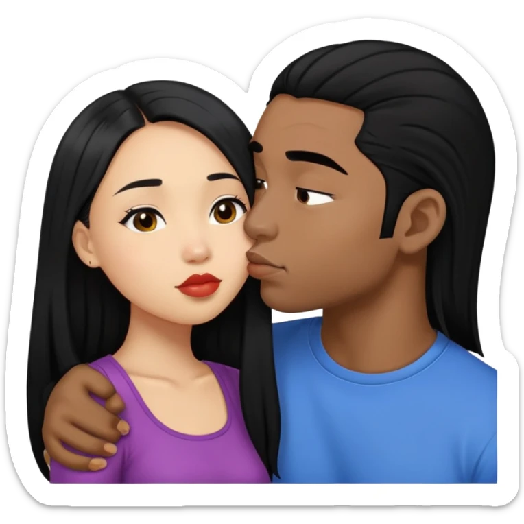 Light skin black man with buzzed black hair kissing asian girl with long black hair sticker