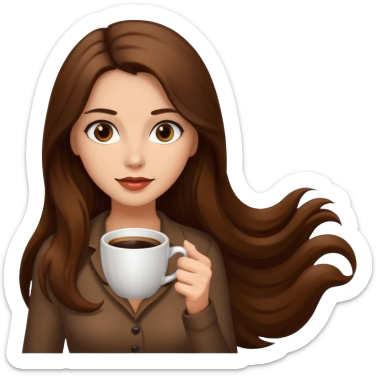 Brown long haired sexy woman with dark brown eyes with cup of coffee sticker