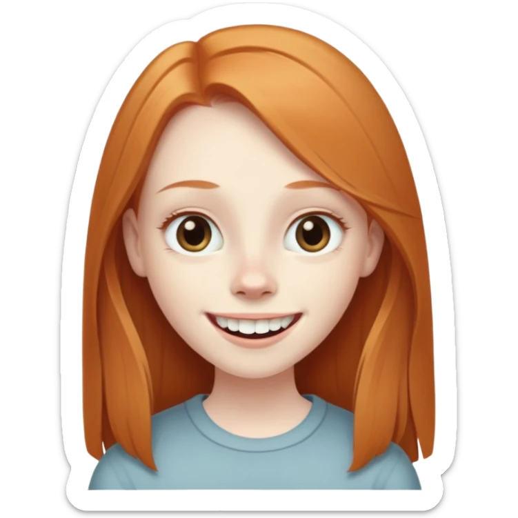 traditional emoji of young girl with very pale skin, long straight muted ginger hair (less vibrant), elongated oval face, bigger human-like eyes positioned close together, wide nose, friendly big smile with very large prominent teeth, less intense expression sticker