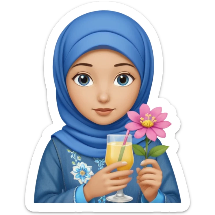 Turkish beautiful finish Konya girl blue eyes with blue denim hijab islamic dress and had on her hand flower mocktail sticker