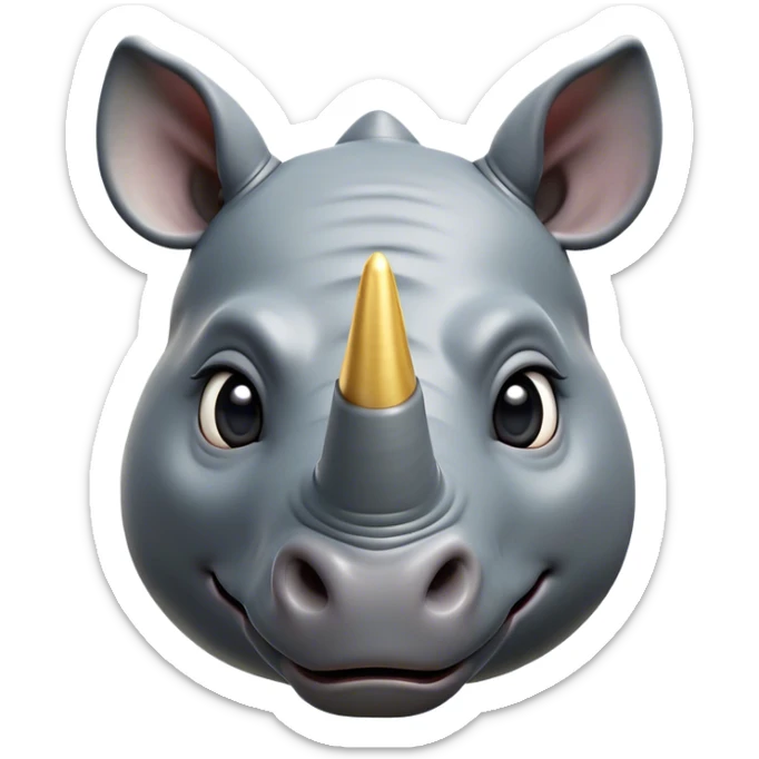 Cinematic Cute Rhinoceros Portrait Emoji, Head tilted playfully and inquisitively, featuring a rugged, glossy slate-gray hide with a gentle, rounded white horn and round, sparkling eyes filled with curious wonder, Simplified yet irresistibly adorable features, highly detailed, glowing with a warm, friendly glow, high shine, affectionate and mighty, stylized with a touch of ancient charm, bright and endearing, soft glowing outline, capturing the essence of a mischievous yet loving rhinoceros, so playful it feels like it could stomp out of the screen and into your arms! sticker