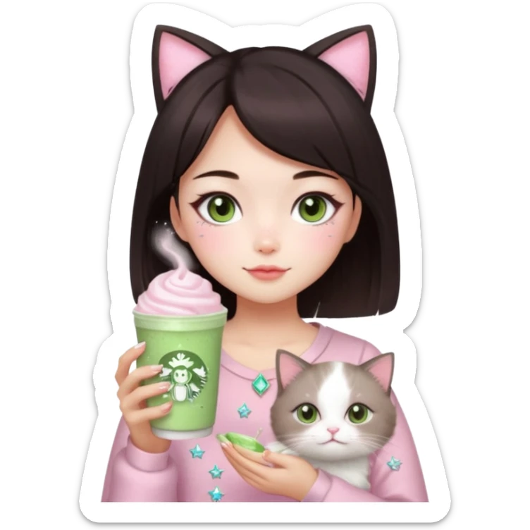 asian girl with short dark brown hair with a soft girl pink glowup aesthetic. matcha latte sparkles girly things, 2 ragdoll cats, skincare, makeup, money, luxury sticker