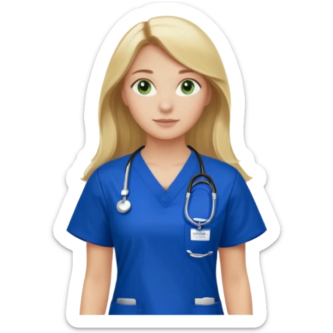Long blonde haired girl with green eyes wearing royal blue scrubs with Denver Health written on scrub top sticker
