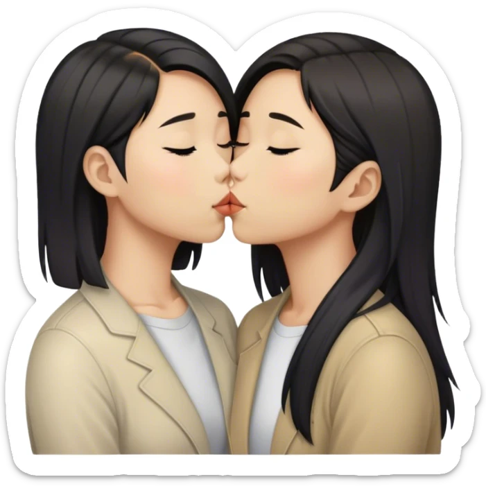 Asian lesbian couple kissing. One of them has long hair and the other has short hair. sticker