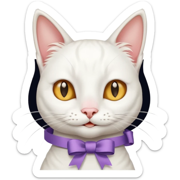 Head of a white cat, smiling, with a loose ribbon on top of its head
 sticker