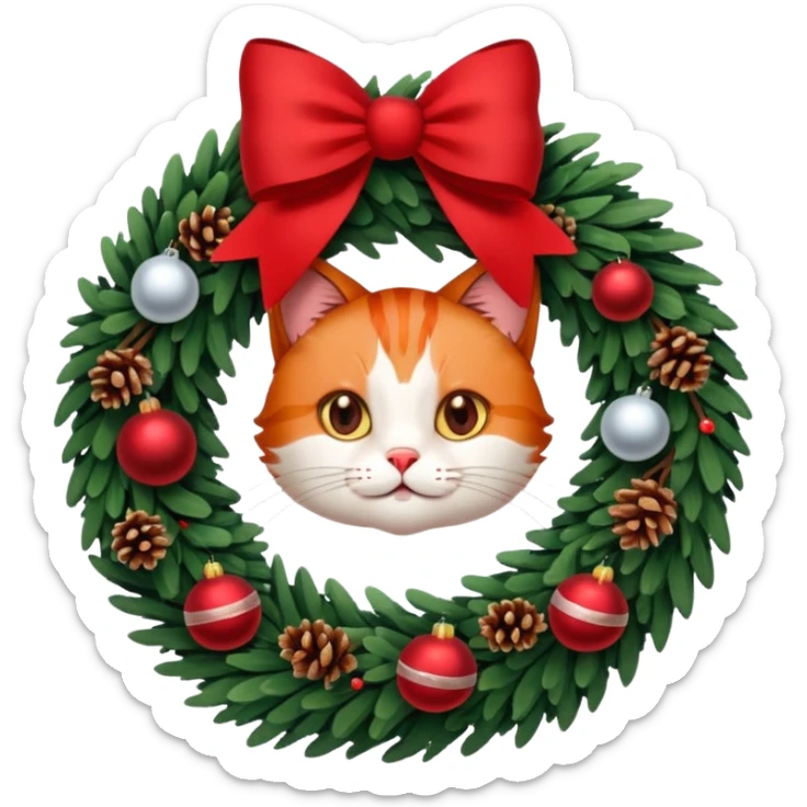 A Christmas wreath made entirely of fir trees, decorated with a red bow at the bottom, pine cones and Christmas tree balls, and a cat poking its face through the hole in the center. sticker